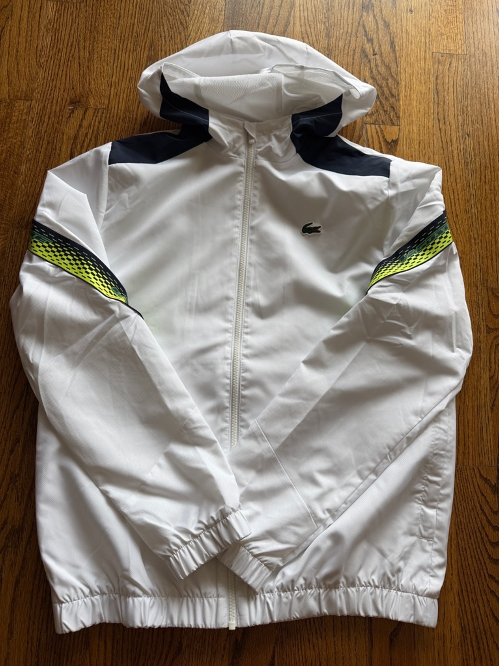 Lacoste White Hooded Windbreaker with Neon Yellow and Navy Accents